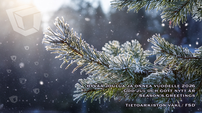 Joulukortti 2025. Luminen kuusenoksa oikealla, aurinko paistaa vasemmalta ja muutamia lumihiutaleita leijailee, joukossa pieniä Tietoarkiston logoja.