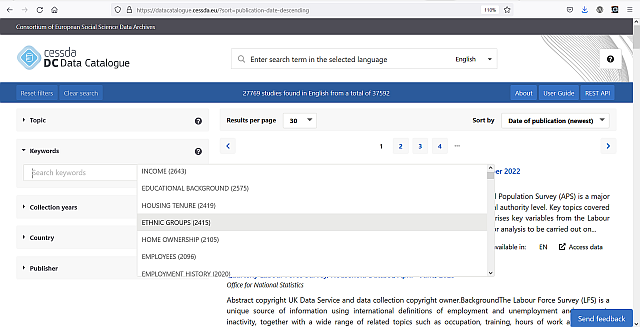 CESSDA Data Cataloguen käyttöliittymä, kuvaruutukaappaus.