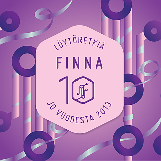Logo, jossa teksti: Löytöretkiä jo vuodesta 2013: FINNA 10.