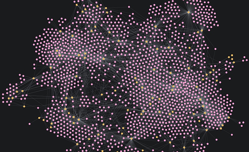 Large graph visualisation showing a network of pink study nodes connected to orange keyword nodes, illustrating shared keywords and connections between studies.