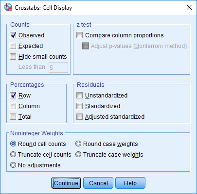Crosstabs: Cell Display-ikkuna