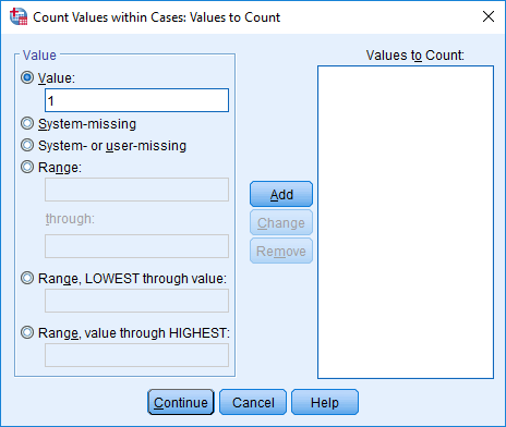 Values to Count -ikkuna