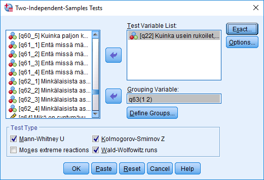 Muuttujien ja testien valinta