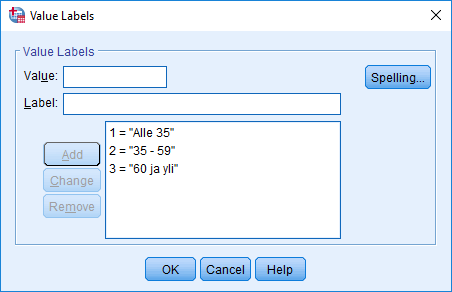 Valmiit Value Labels-määritykset