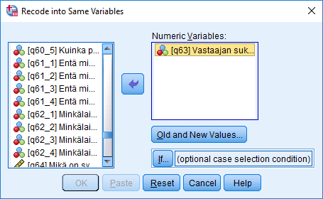 Recode into same variables - asetukset