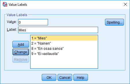 Value Labels -ikkuna