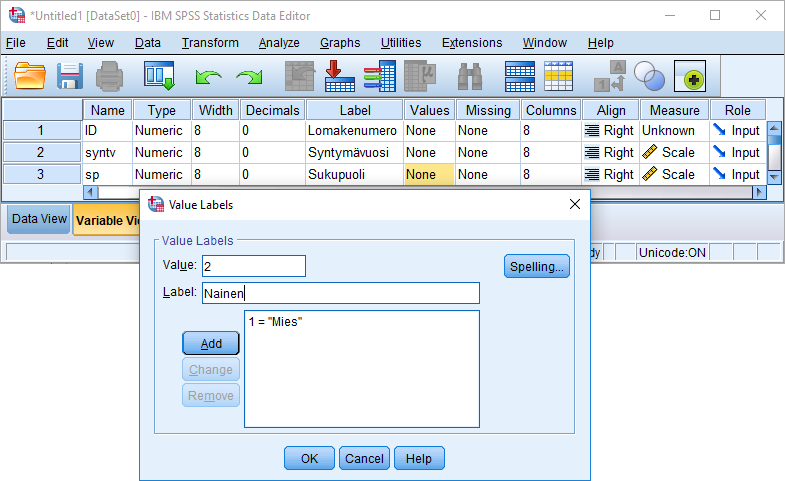 Value Labels -ikkuna