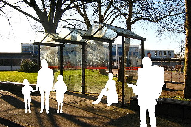 Ihmisiä bussipysäkillä kirkkaana kevätpäivänä. Hahmot on piirretty vain valkoisiksi silueteiksi.