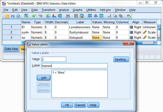 Value Labels -ikkuna