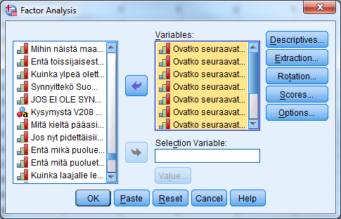 Faktorianalyysi - muuttujien valinta