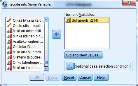 Recode into same variables - asetukset