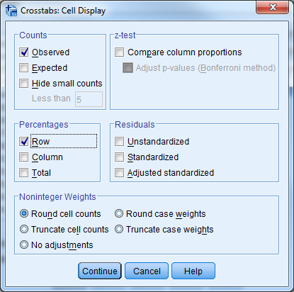 Crosstabs: Cell Display-ikkuna