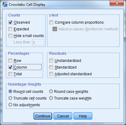 Crosstabs: Cell Display-ikkuna