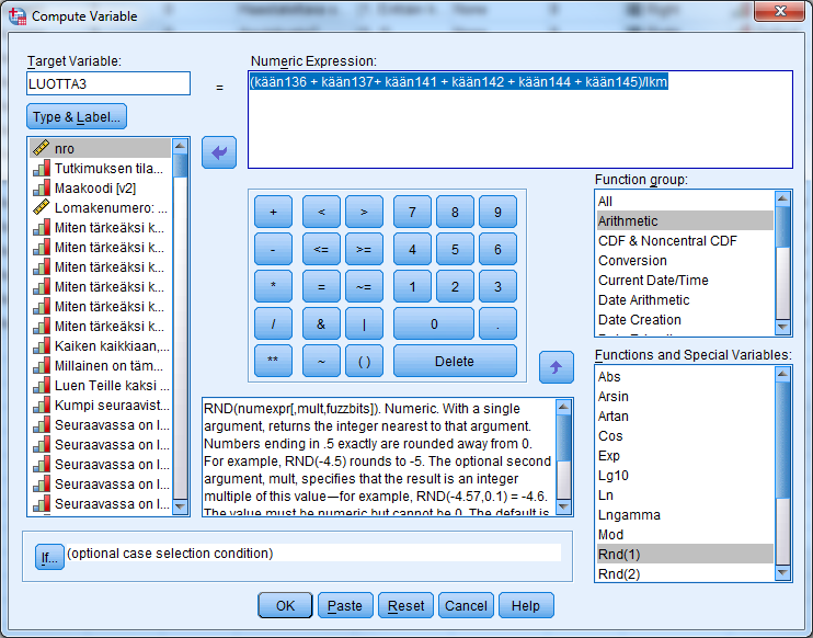 Lauseke Numeric Expression-laatikossa
